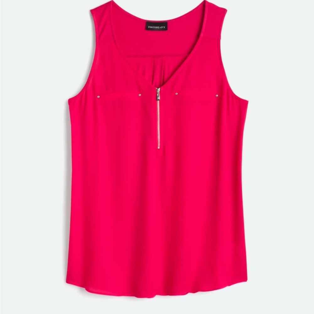 Hot Pink Fortune & Ivy Lighton Zip Detail Mixed Fabric Blouse